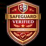 Safeguard Verified badge with shield design, featuring red and gold colors, for safety and crisis preparedness certification