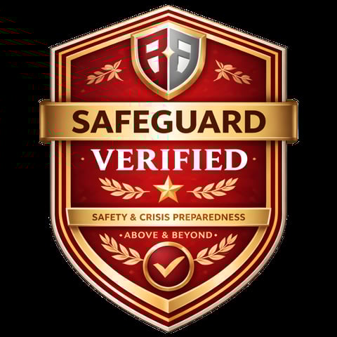 Safeguard Verified badge with shield logo, red and gold design featuring safety and crisis preparedness certification