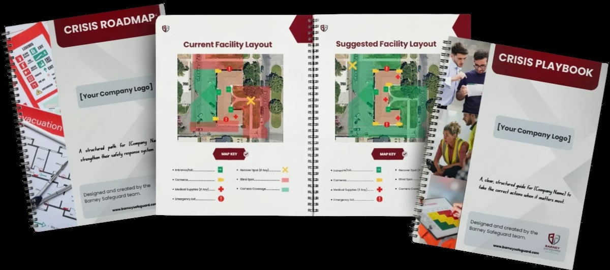 Crisis planning documents displayed including roadmap and playbook with facility layout maps showing current and suggested configurations